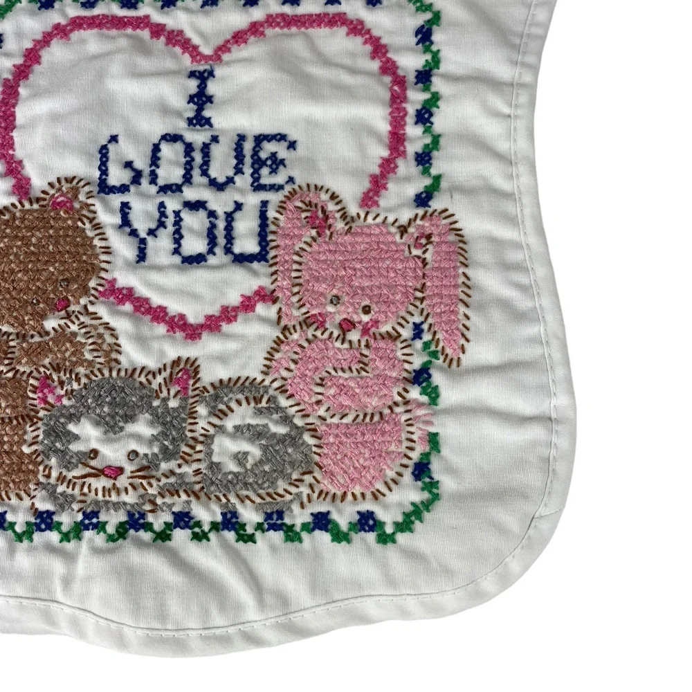 Vintage Handmade Cross Stitch Baby Bib Kitten Bunny Bear I Love You Tie-up Heart